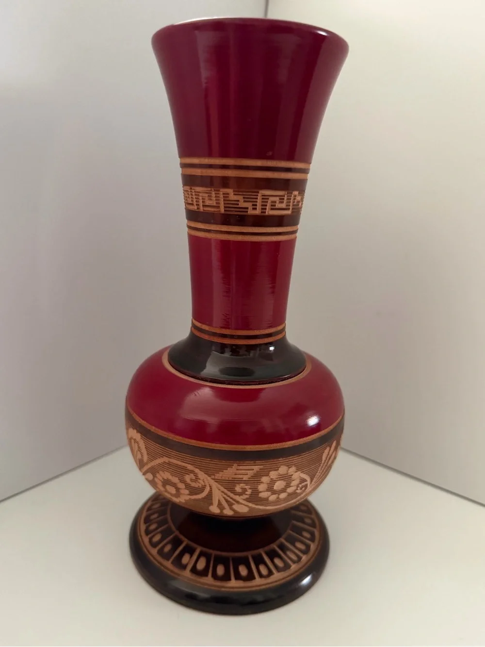 Mexican Vintage Red Hand Carved Wooden Decorative Floral Accent Vase
